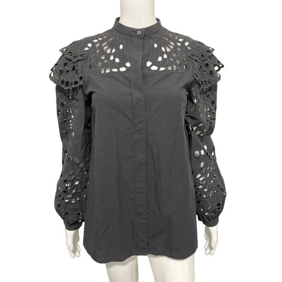 ALBERTA FERRETTI Black Eyelet Embroidered Lace Tiered Shoulder Overlay Blouse 2 - Picture 2 of 7